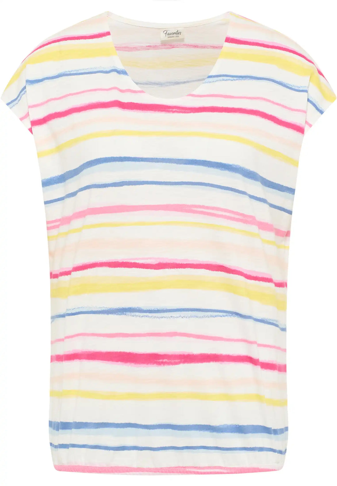 Light and airy multicolored pastel striped top with a scoop neckline and short sleeves, perfect for a relaxed summer day, style 57150042-530