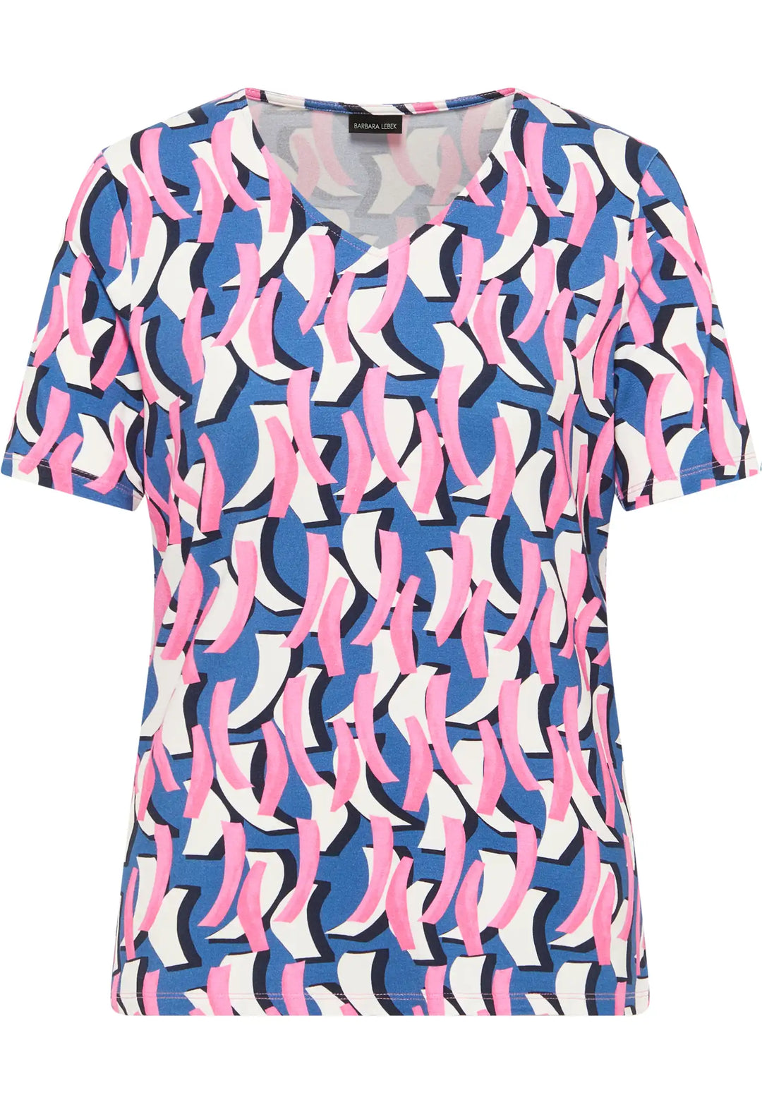 Vibrant pink and navy ribbon print top with  V-neckline and casual fit, Style 62000042-530