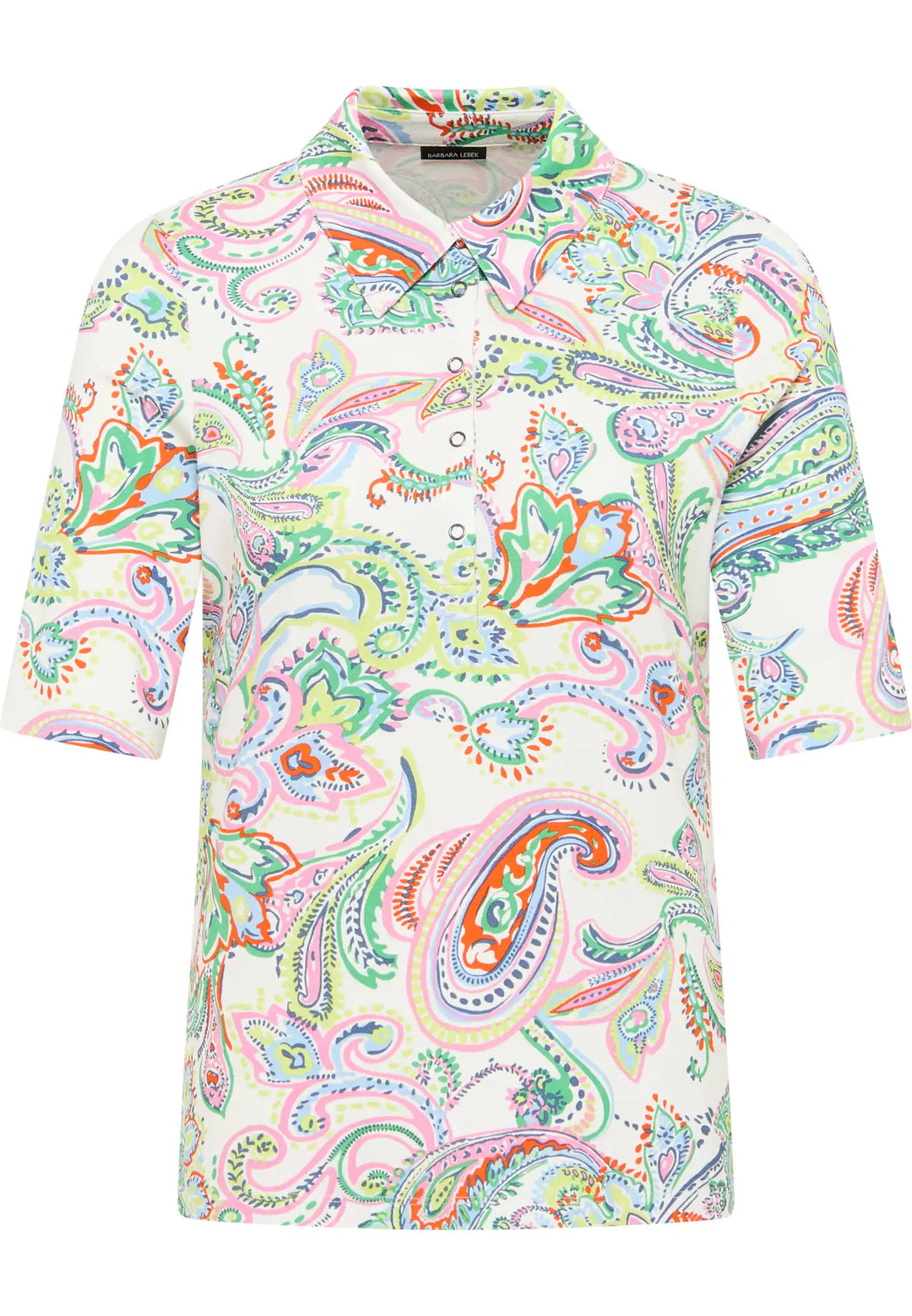 Short-sleeve polo shirt with white collar, paisley print in yellow, mint, blue, coral, style 62550042-650