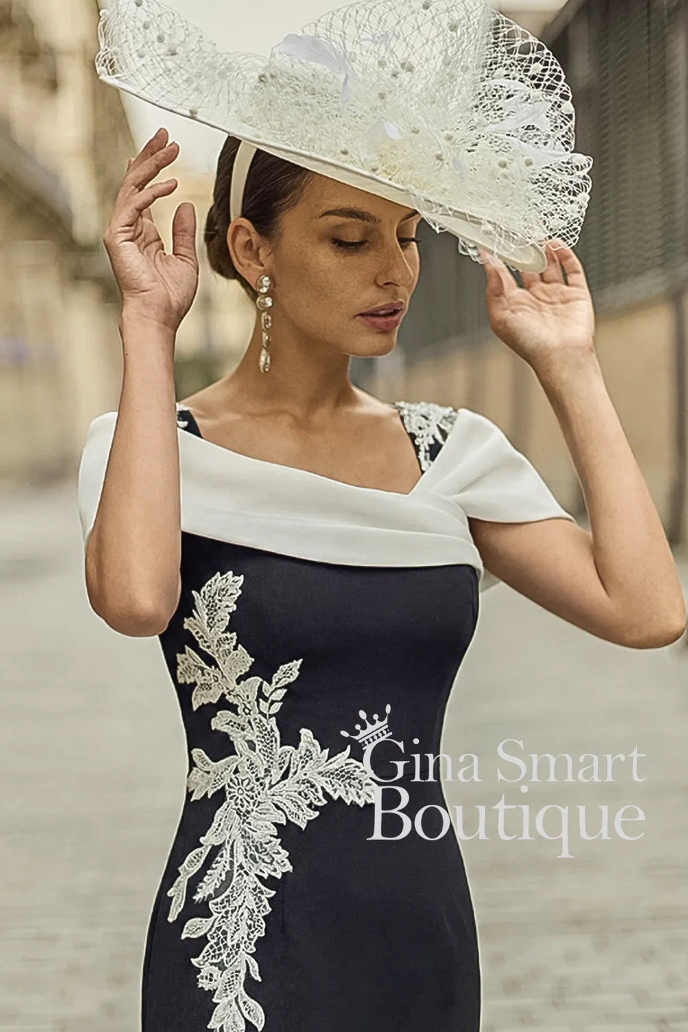 white dress with black lace trim Couture Club by Rosa Clara 2G14 / Ivory clean design Beyonce Grammys 2021 Look Color:Powder Blue-Red