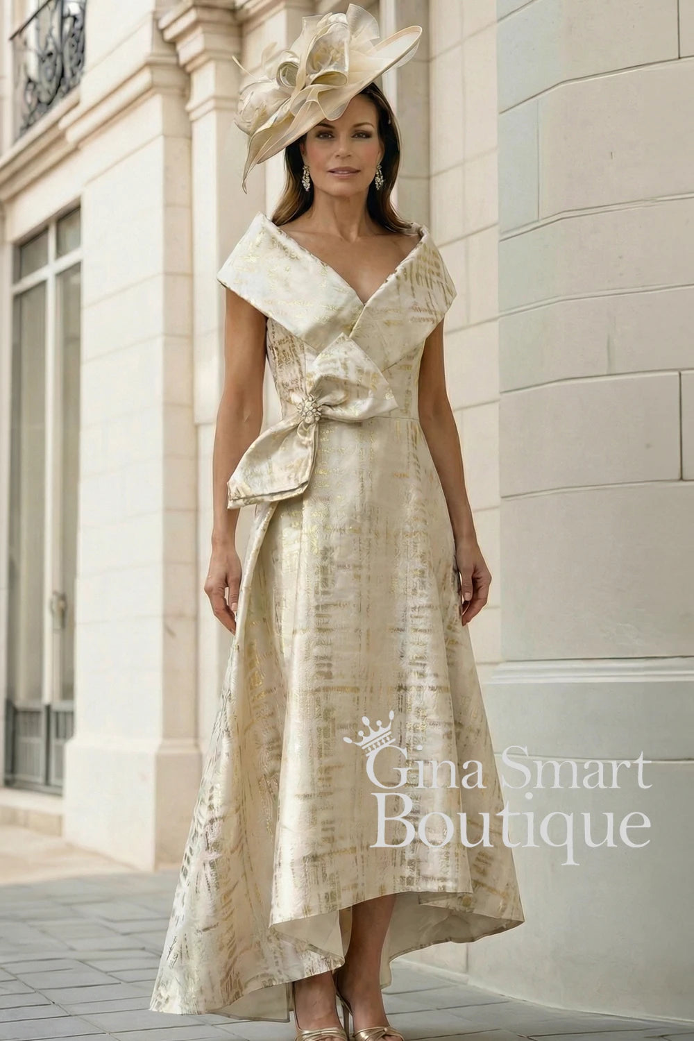 Gabriela Sanchez Dipped Hem Dress Ivory & Gold Style 5553 Gabriela Sanchez Dipped Hem Dress Ivory & Gold Style 5553