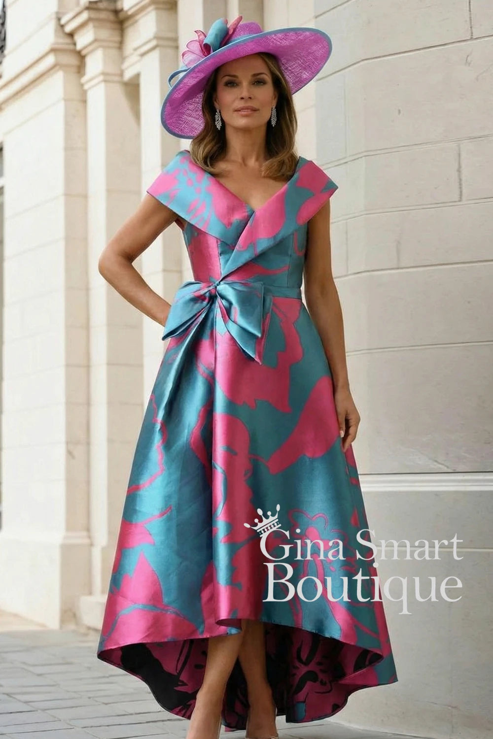 Gabriela Sanchez 5701 Dipped Hem Dress | Teal & Magenta | Mother of the Bride | Gina Smart ginasmartboutique Gabriela Sanchez 5701 Dipped Hem Dress | Teal & Magenta | Mother of the Bride | Gina Smart ginasmartboutique