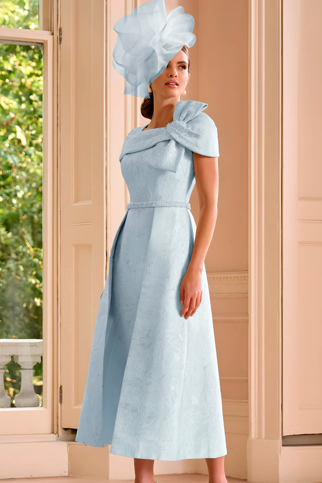 John Charles 29245BSV Jacquard & Beading Sky Dress