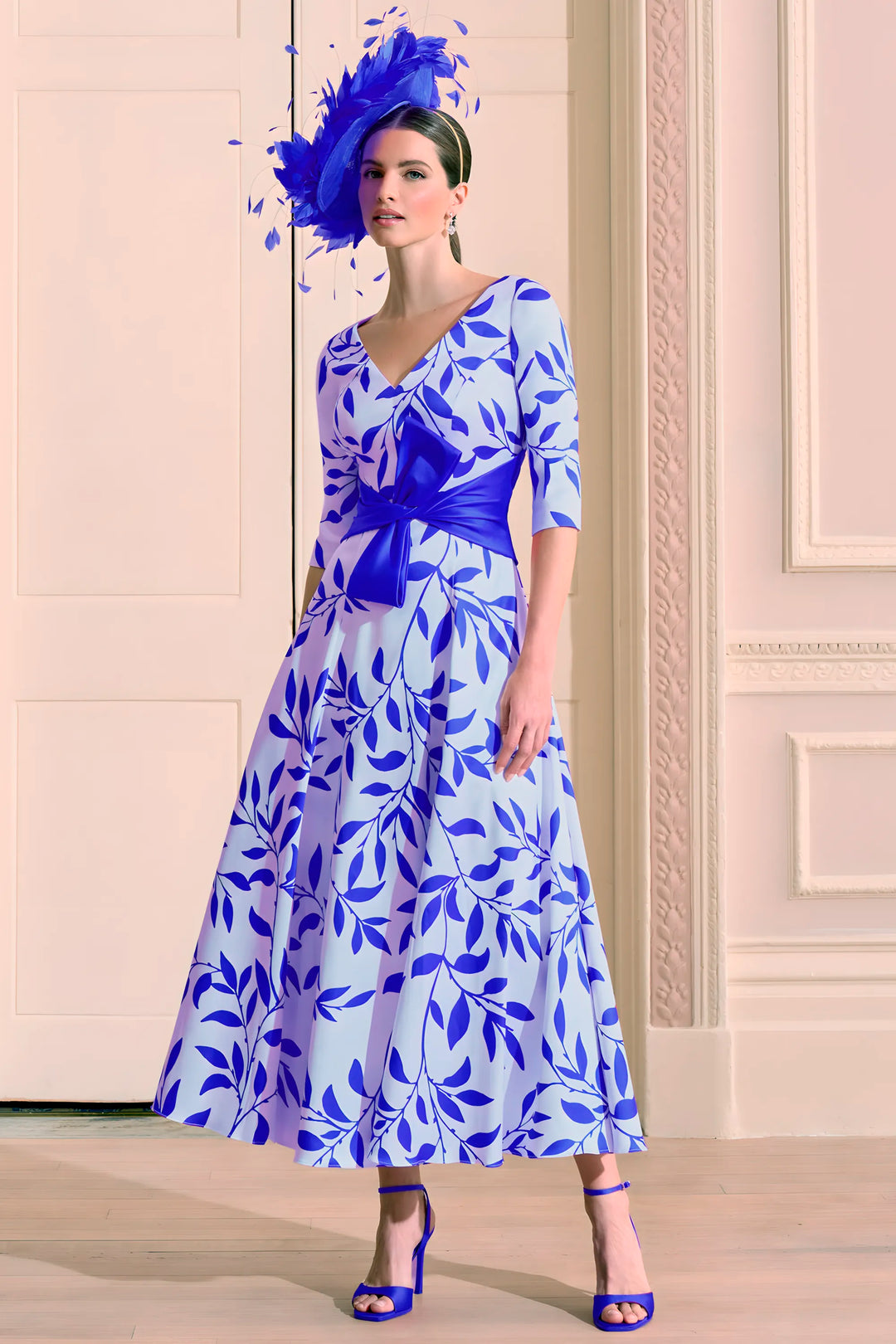 John Charles 66610 Printed Mikado Cobalt Ivory Dress