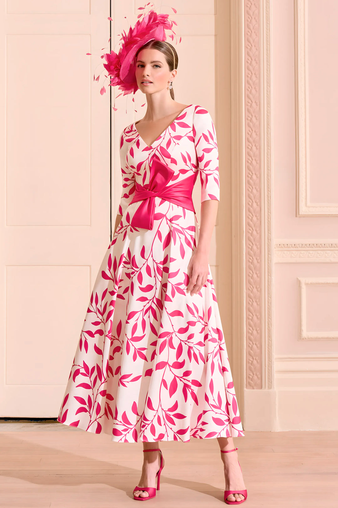 John Charles 66610 Printed Mikado Fuschia Ivory Dress