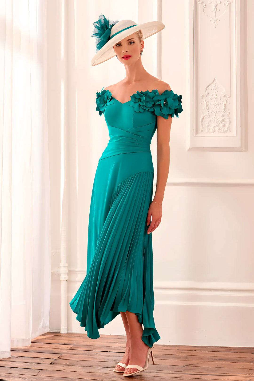 John Charles 66632B Crepe A Line Peacock Dress