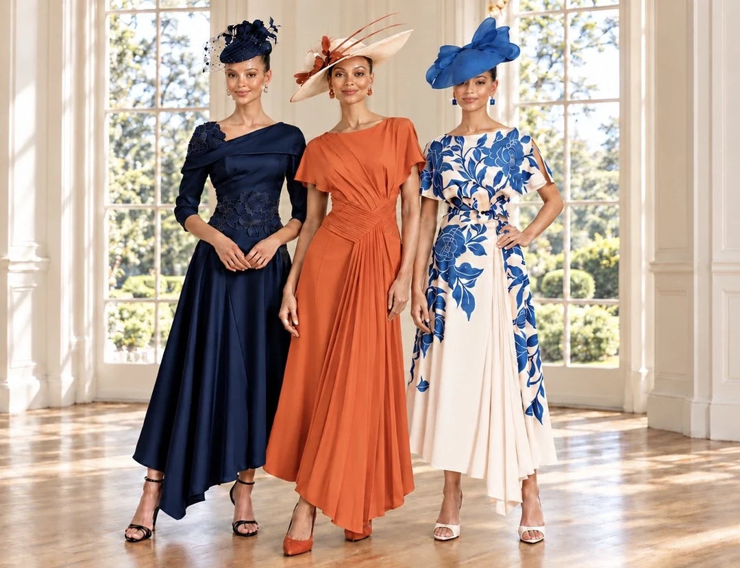 Three John Charles occasion dresses: 66797 in navy, 66783 in terracotta and 66782B in teal and ecru.