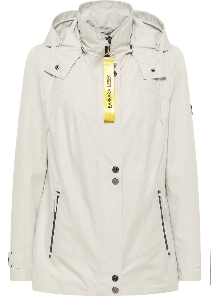 Barbara Lebek light stone colour raincoat with high collar, hood, front zip, snap buttons, side pockets, and yellow brand tag, style 50260042-125.
