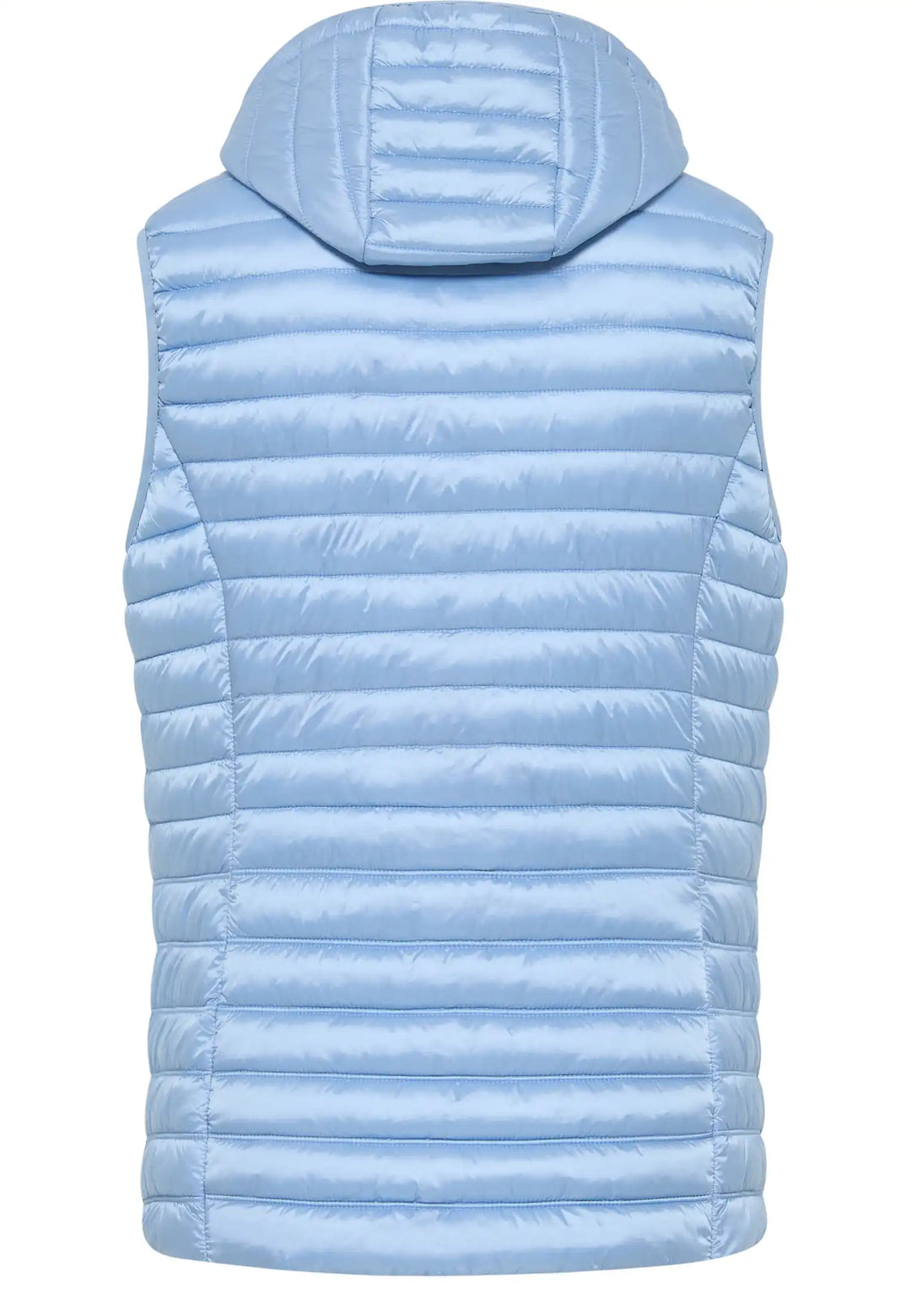 Back view of a light blue gilet with horizontal quilting and a detachable hood, designed for comfort and versatility, style 50670042-700