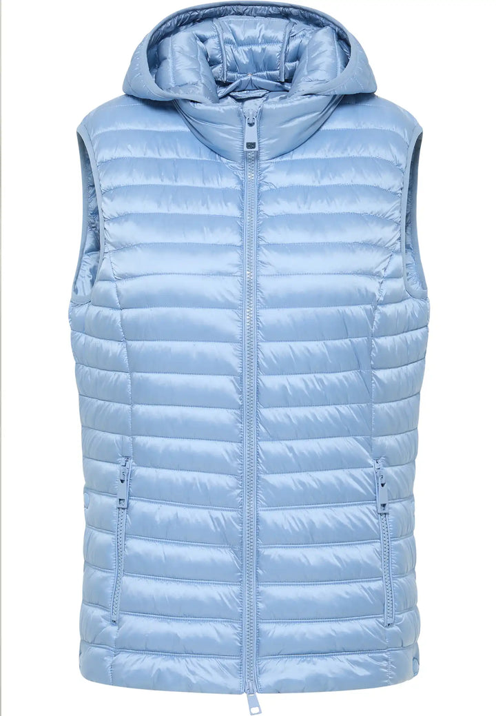 Light sky blue gilet with a detachable hood and zippered pockets, offering versatility and warmth in a stylish, quilted design, style 50670042-700