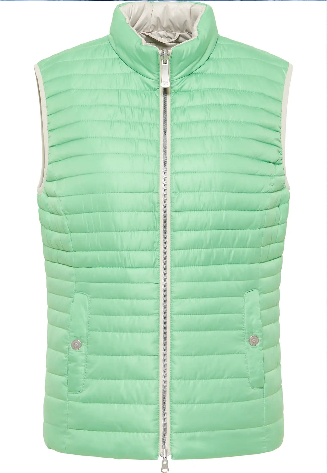 Reversible gilet featuring a green side for a splash of colour and a light beige side for a classic look, both with functional pockets, quilted warmth, and a high-neck collar.