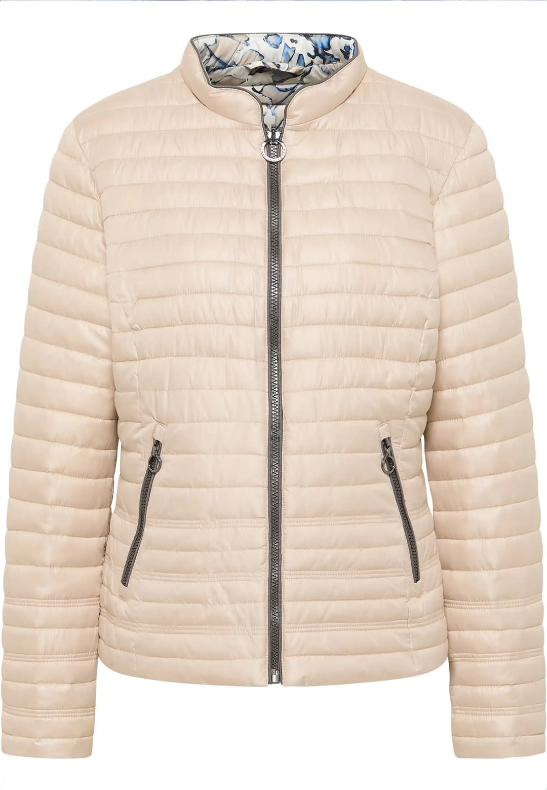 Reversible light beige jacket with patterned lining, featuring zip fastening, side pockets, and a classic collar for a stylish, adaptable outerwear option, style 55010042-215