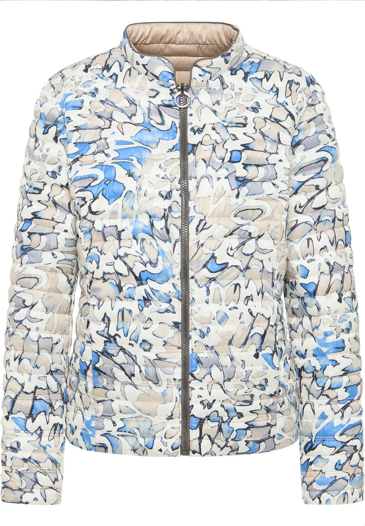 Reversible jacket with an abstract blue, beige, and white pattern, complete with zip fastening, side pockets, and a ribbed collar for a stylish and practical garment choice, style 55010042-215