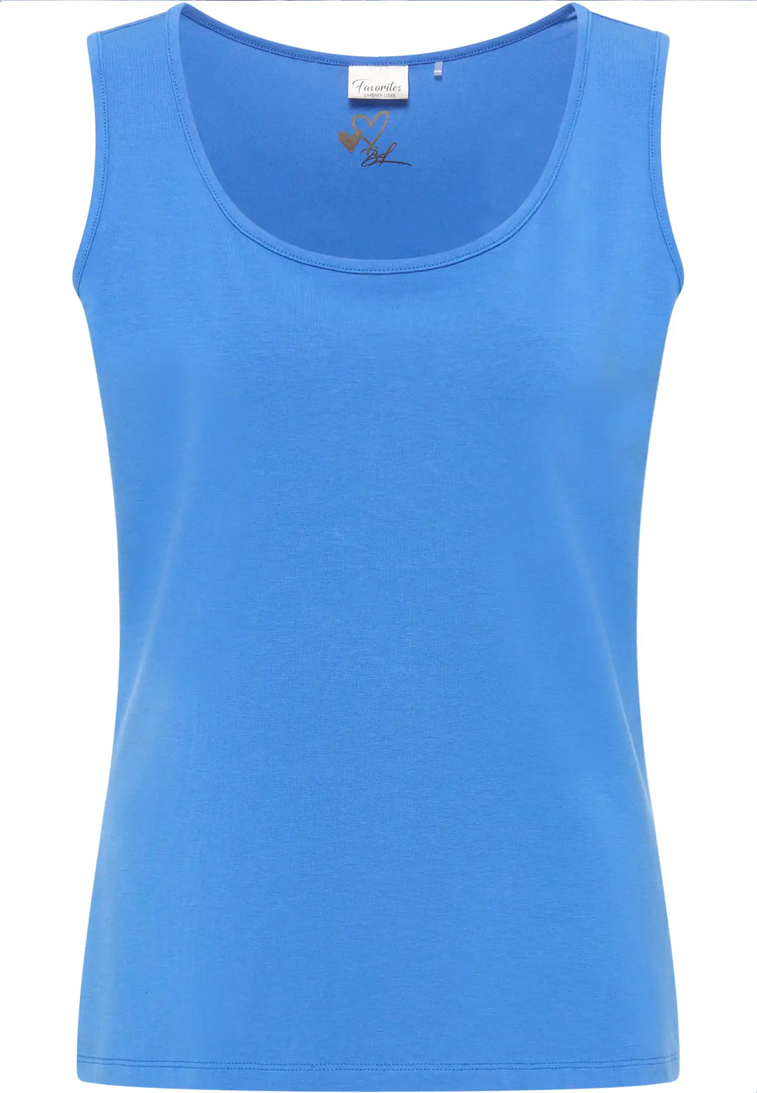 Sky blue sleeveless top with a relaxed scoop neck and straight fit, featuring a discreet heart-shaped logo printed on the inside back beneath the label for an understated personal touch, style 55120042-730.
