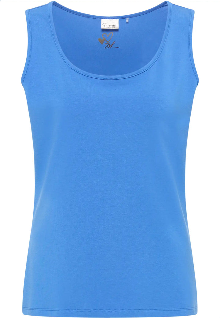 Sky blue sleeveless top with a relaxed scoop neck and straight fit, featuring a discreet heart-shaped logo printed on the inside back beneath the label for an understated personal touch, style 55120042-730.