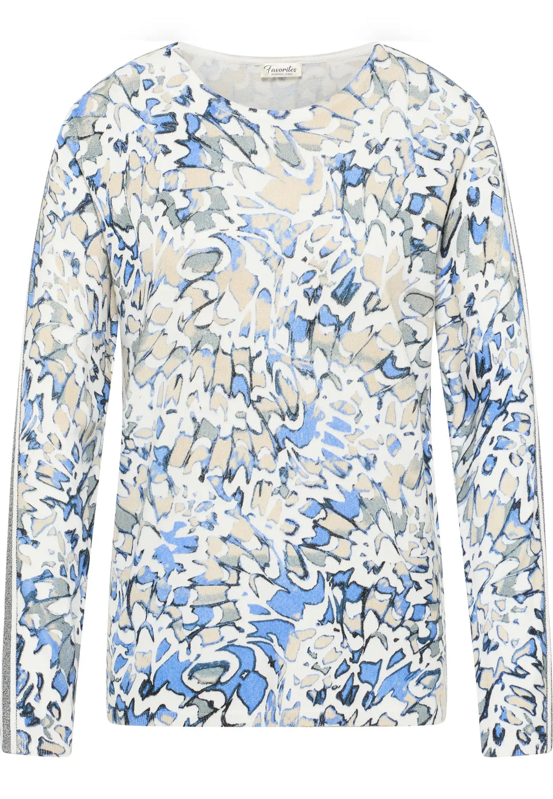 Long-sleeved top with an abstract blue, beige, and grey watercolour print, offering a classic crew neck and an elegant, flowing design that combines art with comfort in everyday apparel, style 55130042-930 