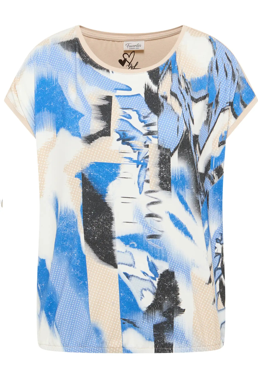 Stylish top with a dynamic abstract print in vibrant blue and white, featuring a comfortable round neckline and a relaxed fit for a casual yet chic look, style 55180042-210