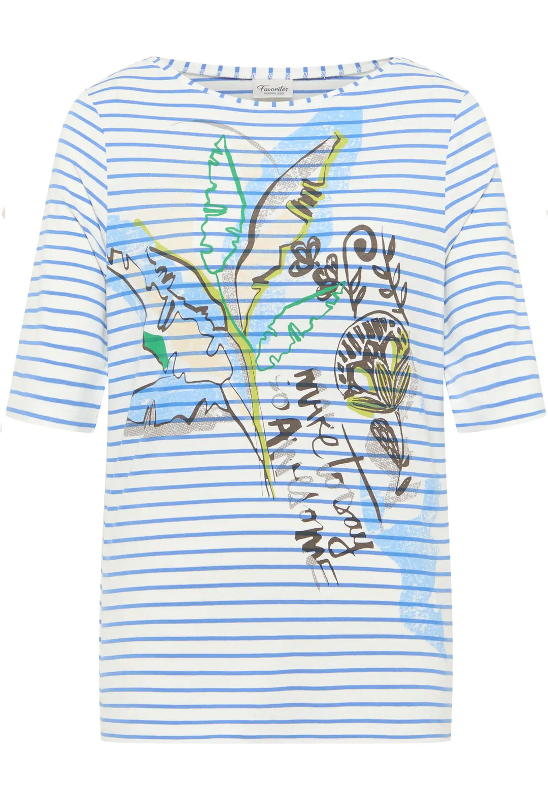 Front view of a blue striped top with green leafy and abstract print, round neck, and short sleeves, style 55250042-730