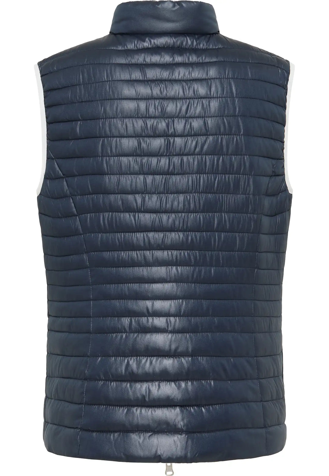 Rear view of a chic reversible gilet in navy with a high collar and patterned interior for a stylish, adaptable wardrobe piece, style 55500042-860
