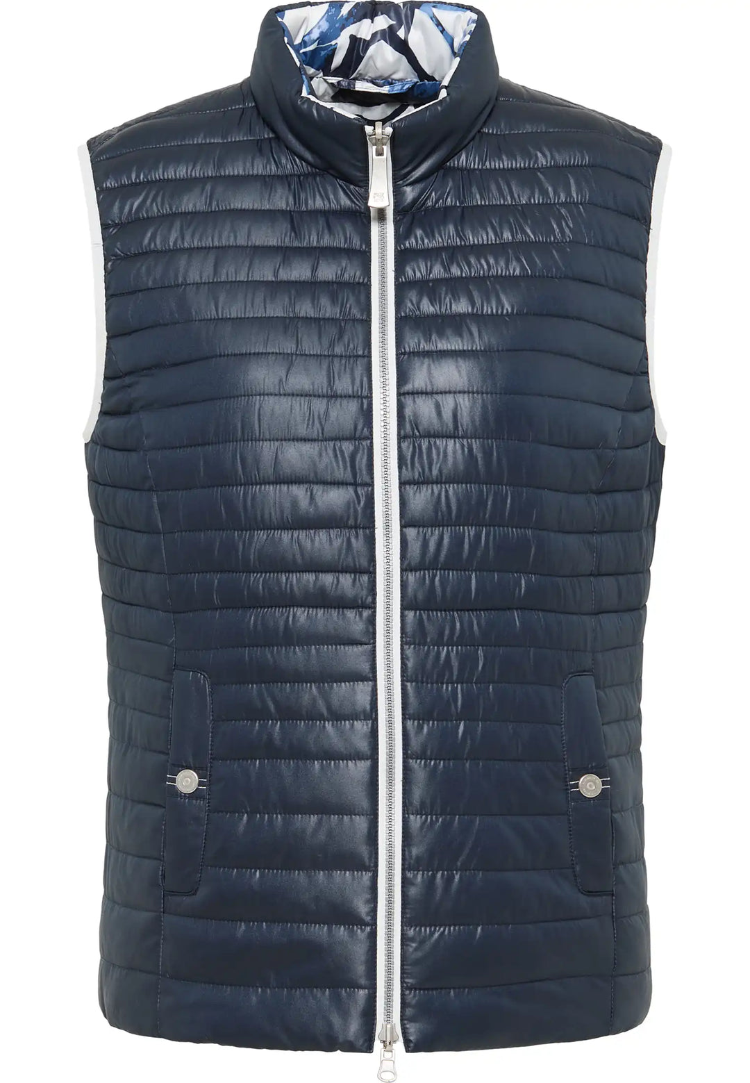 Chic reversible gilet in navy with a high collar and patterned interior for a stylish, adaptable wardrobe piece, style 55500042-860