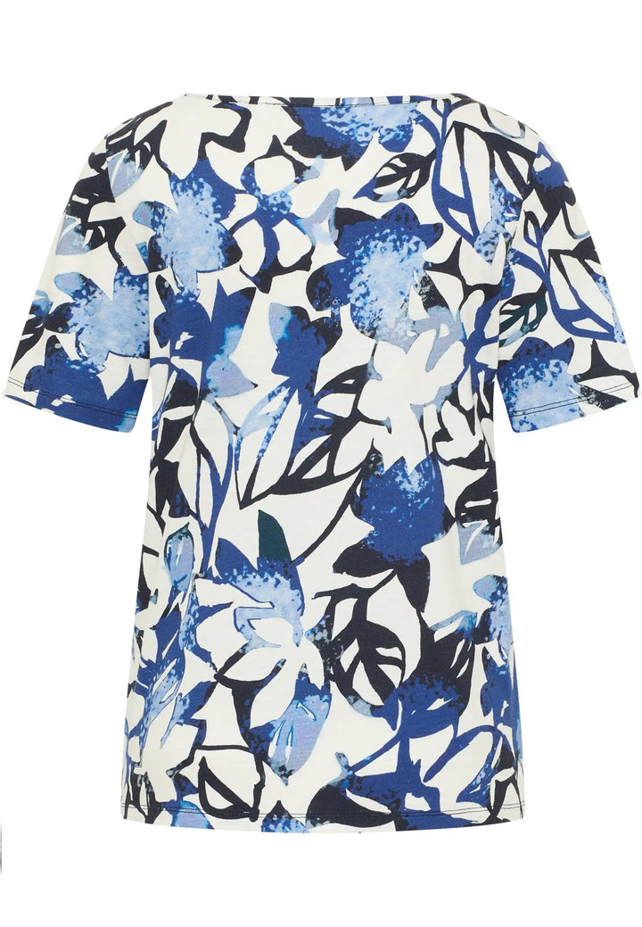 Rear view of a vibrant abstract-patterned top with a mix of blue and white featuring a round neck and short sleeves for a stylish, comfortable wear, style 55690042-870