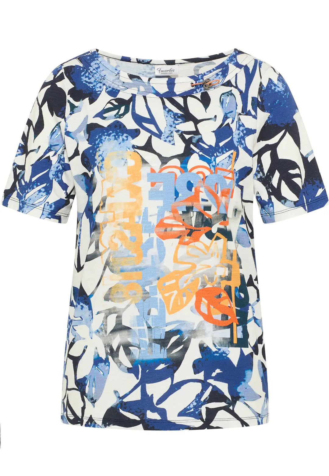 Vibrant abstract-patterned top with a mix of blue, white, and orange, featuring a round neck and short sleeves for a stylish, comfortable wear, style 55690042-870