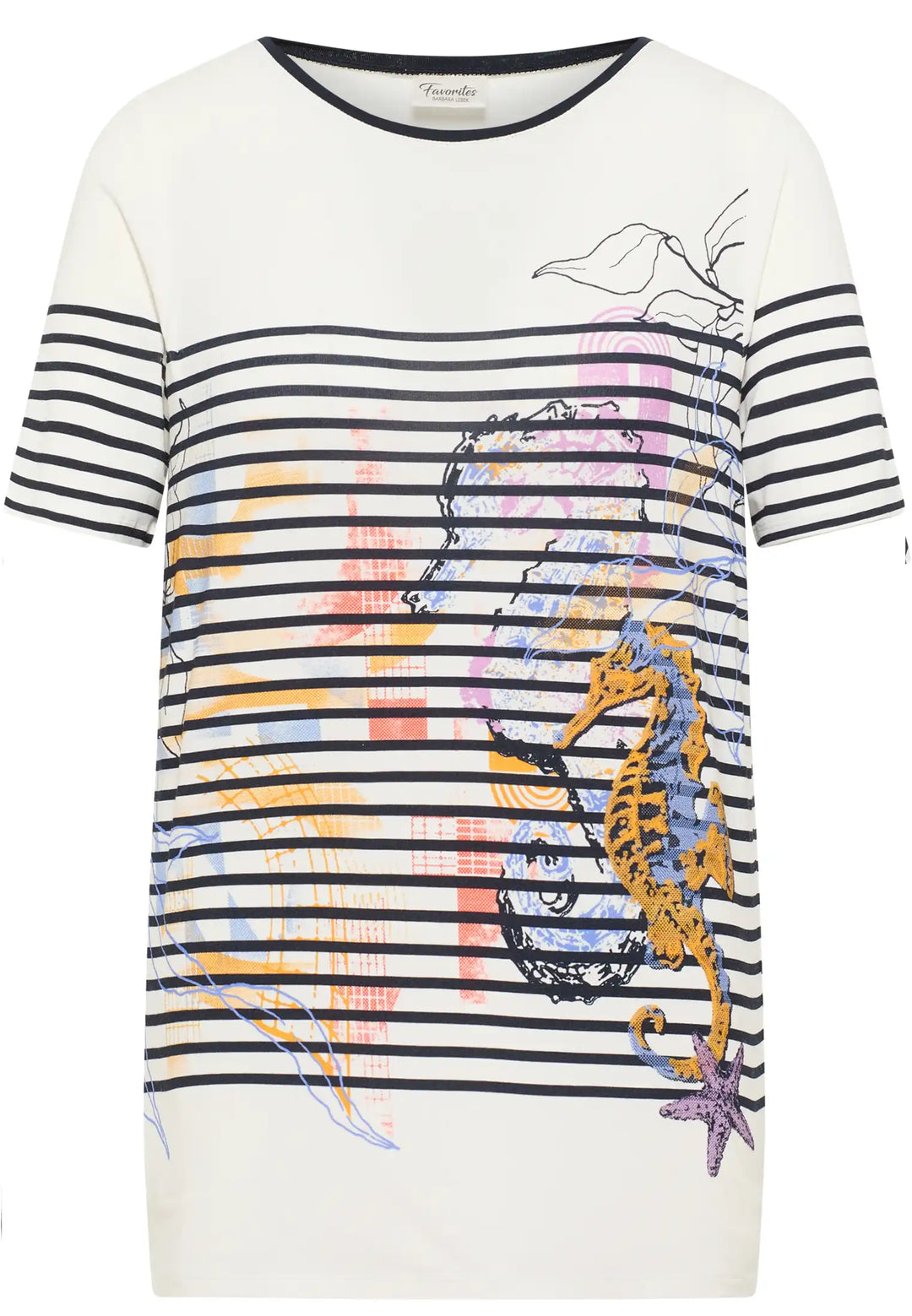 Nautical-themed top with sea horse print, navy stripes, and a splash of pink and blue, combining comfort with whimsical style, style 55720042-120