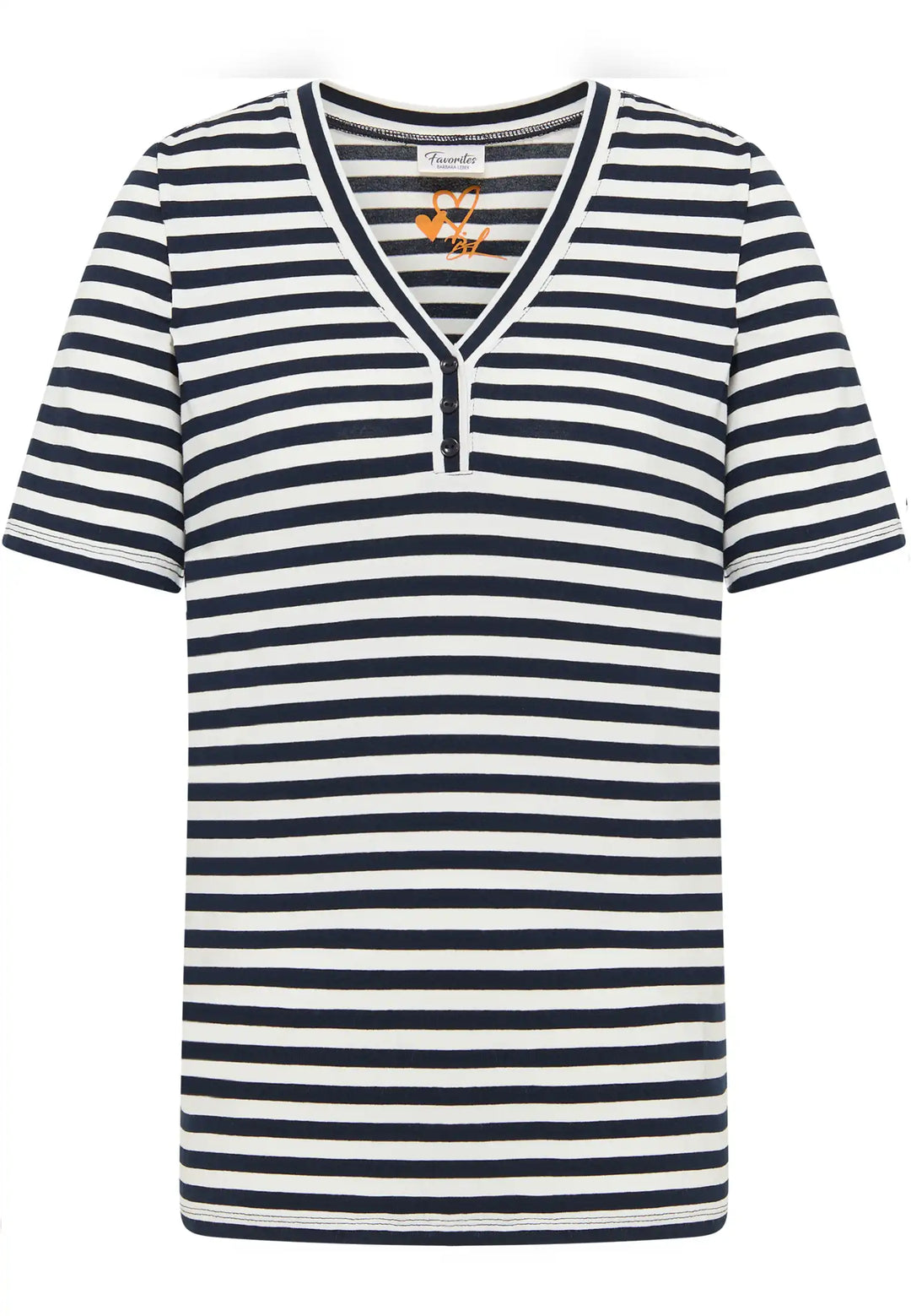 Elegant V-neck striped top with button detail and subtle logo placement for a classic yet modern look, Style 55740042-870