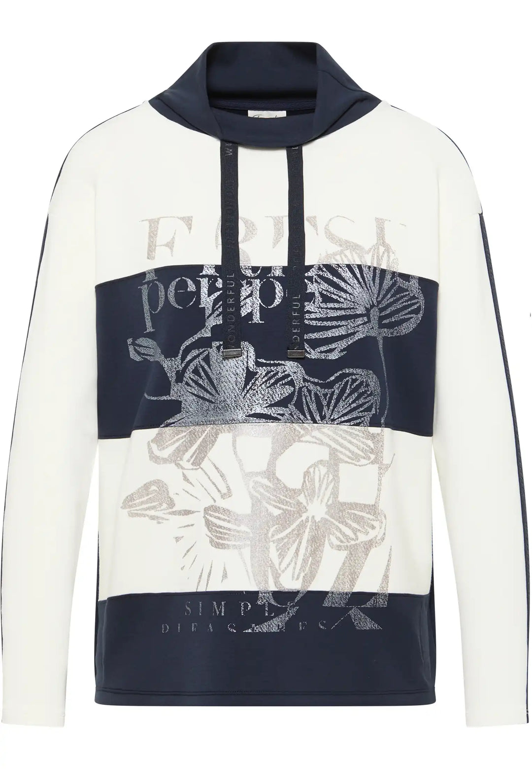Cream and navy hooded sweatshirt with botanical graphic and typographic design, melding comfort with artistic style, 55770042-870r