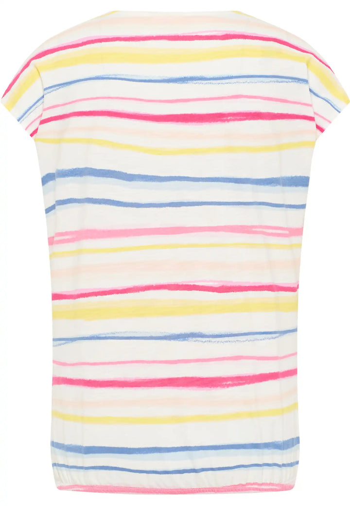 Back view of a light and airy multicolored pastel striped top with a scoop neckline and short sleeves, perfect for a relaxed summer day, style 57150042-530