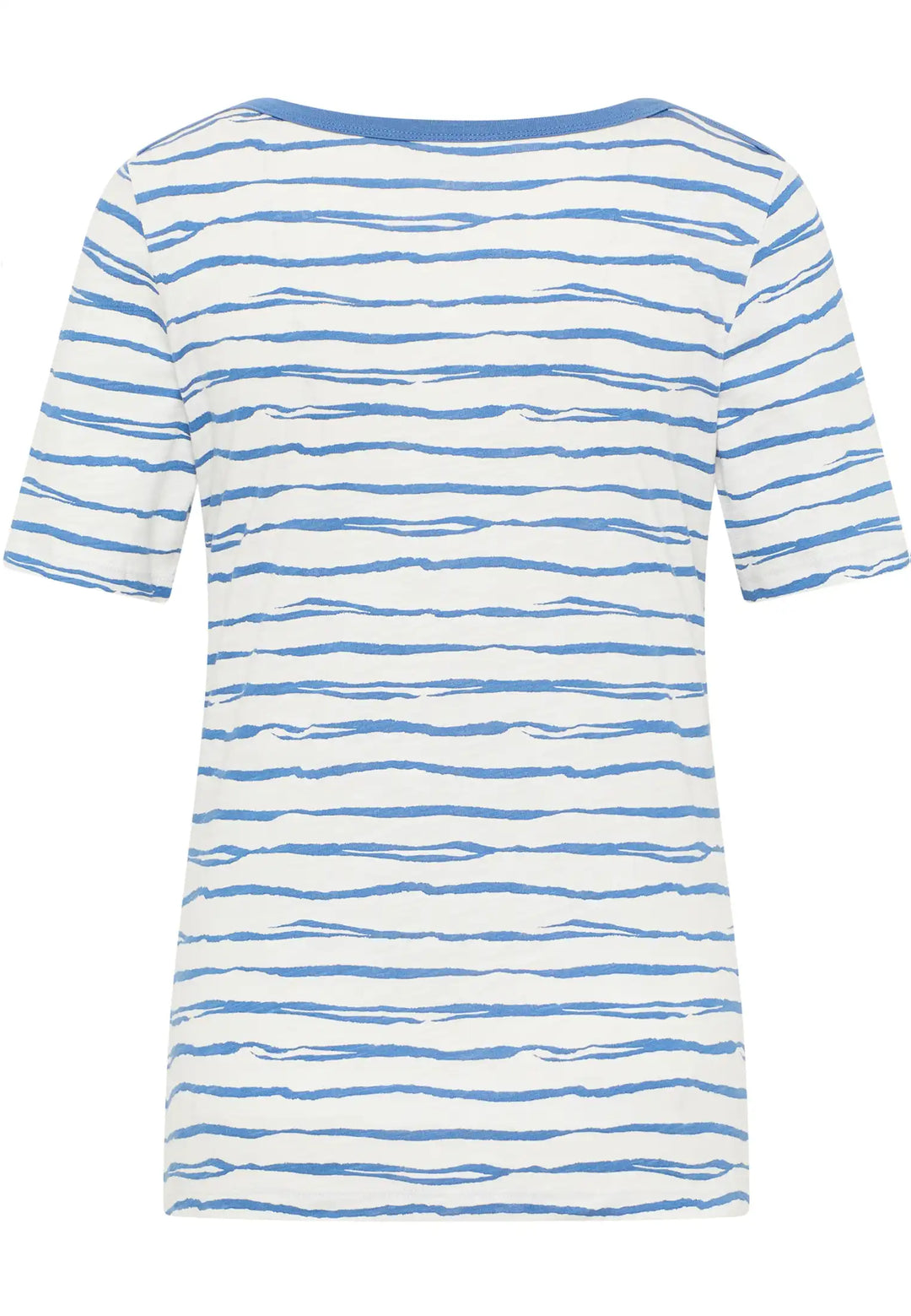 Back view of a top with sky blue wavy stripes on a white background, encapsulating a serene maritime vibe with short sleeves and a relaxed fit, style 57170042-850