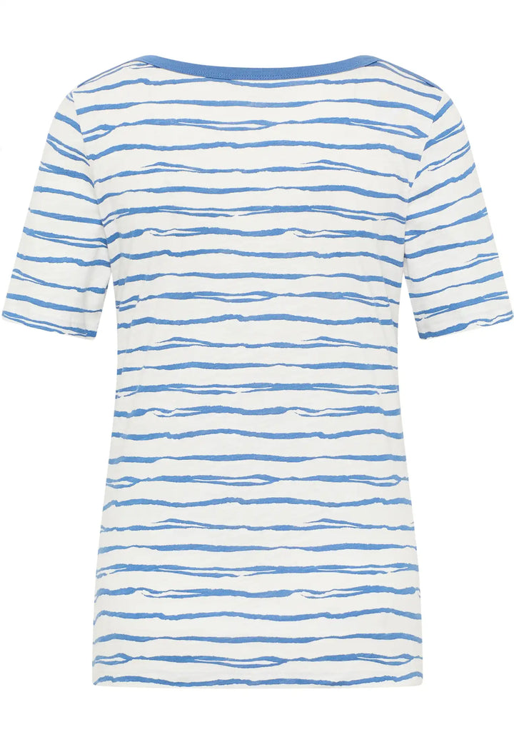 Back view of a top with sky blue wavy stripes on a white background, encapsulating a serene maritime vibe with short sleeves and a relaxed fit, style 57170042-850