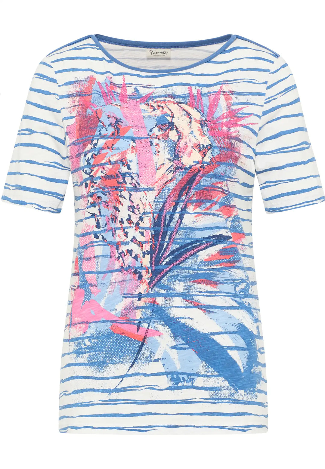 Abstract ocean-inspired print top with blue, pink, and coral hues on a striped background with three-quarter sleeves, merging art with apparel, style 57170042-850