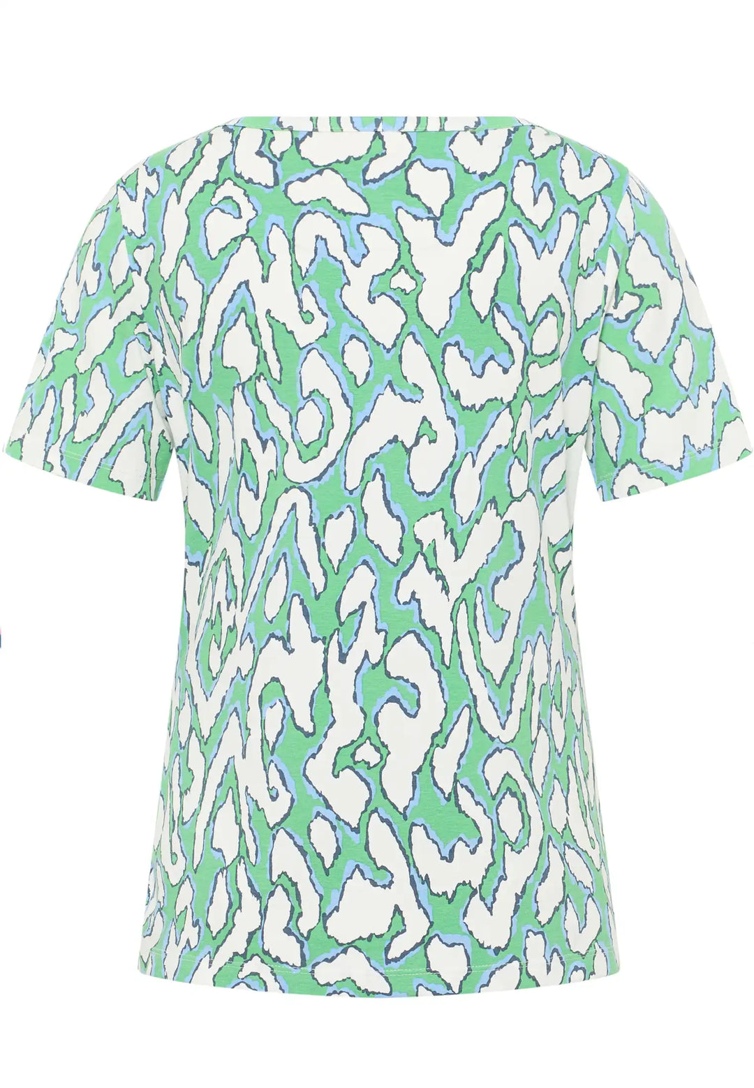 Back view of a vibrant green and blue abstract coral reef print on a short-sleeved top with a round neckline, embodying a lively and comfortable style, style 57610042-650