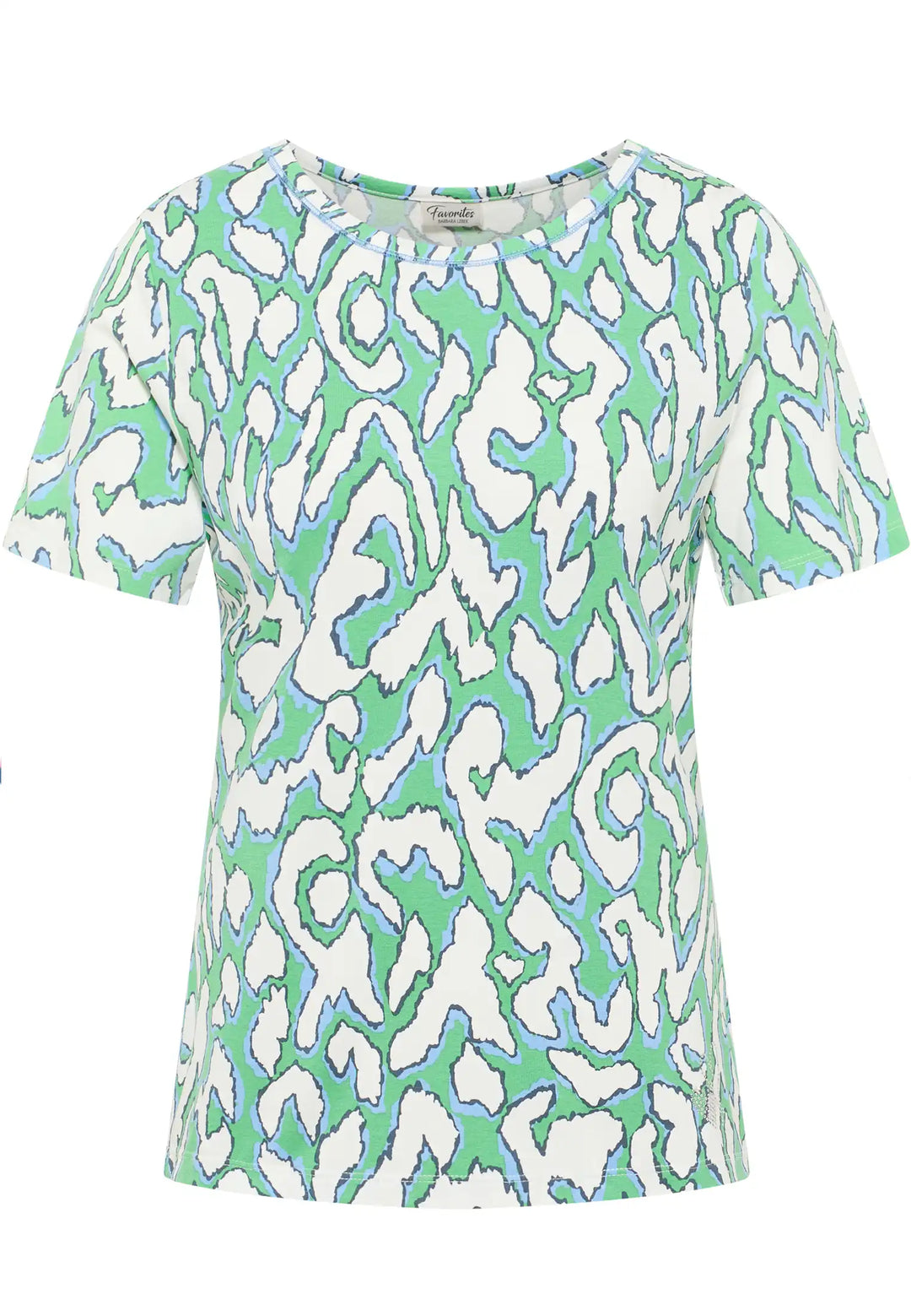 Vibrant green and blue abstract coral reef print on a short-sleeved top with a round neckline, embodying a lively and comfortable style, style 57610042-650