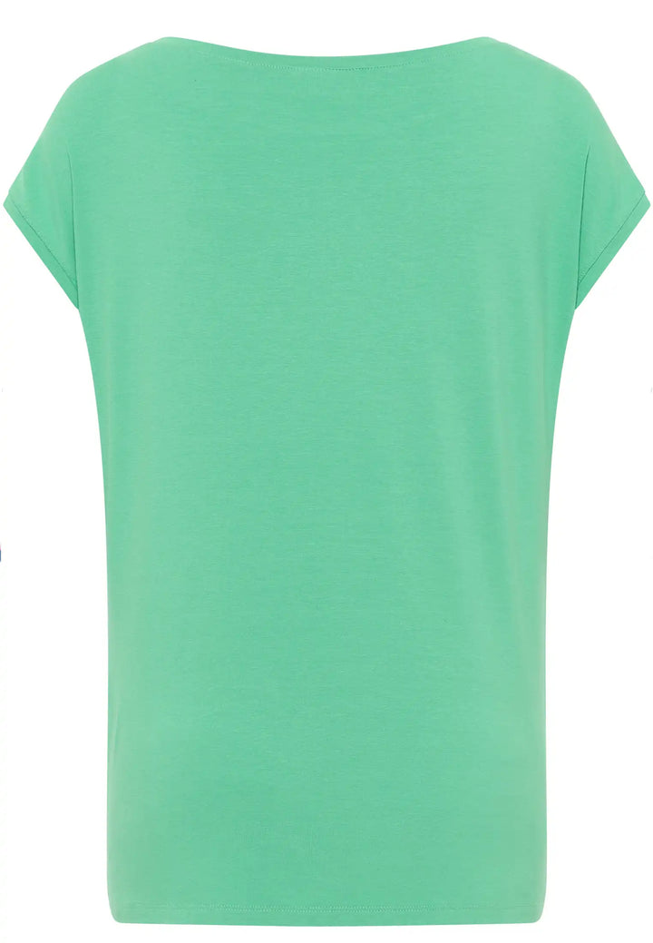 Solid green back of a tropical print top, providing a versatile and comfortable fit for all-day wear, style 57680042-650