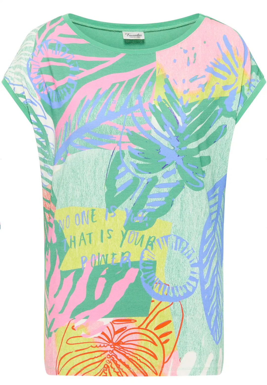 Colourful tropical print top with inspirational quote and scoop neckline, exuding vibrant energy and unique style, style 57680042-650
