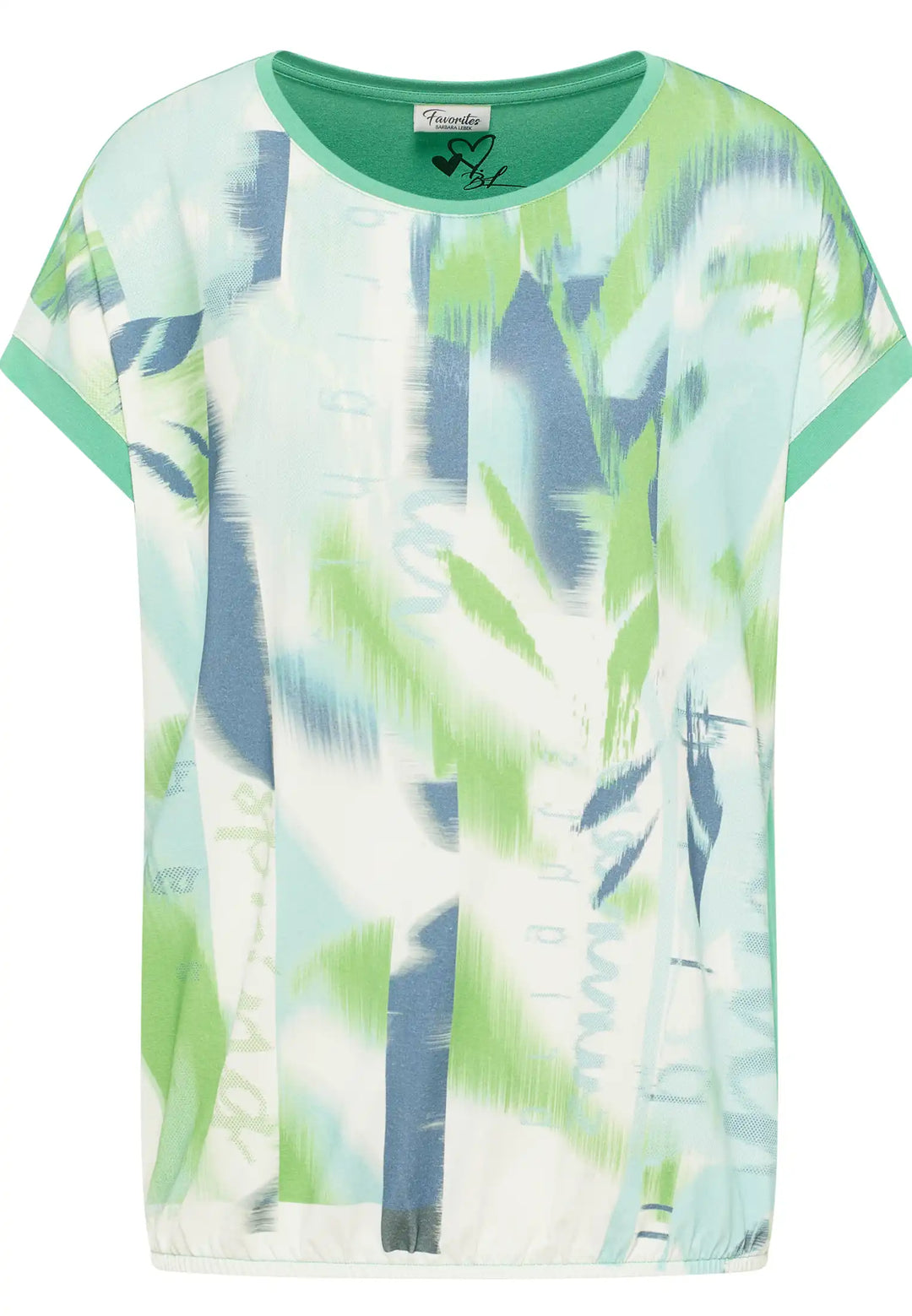 Lightweight top featuring an abstract watercolor print in cool blues and greens with solid green trim, blending art with fashion, style 57700042-650