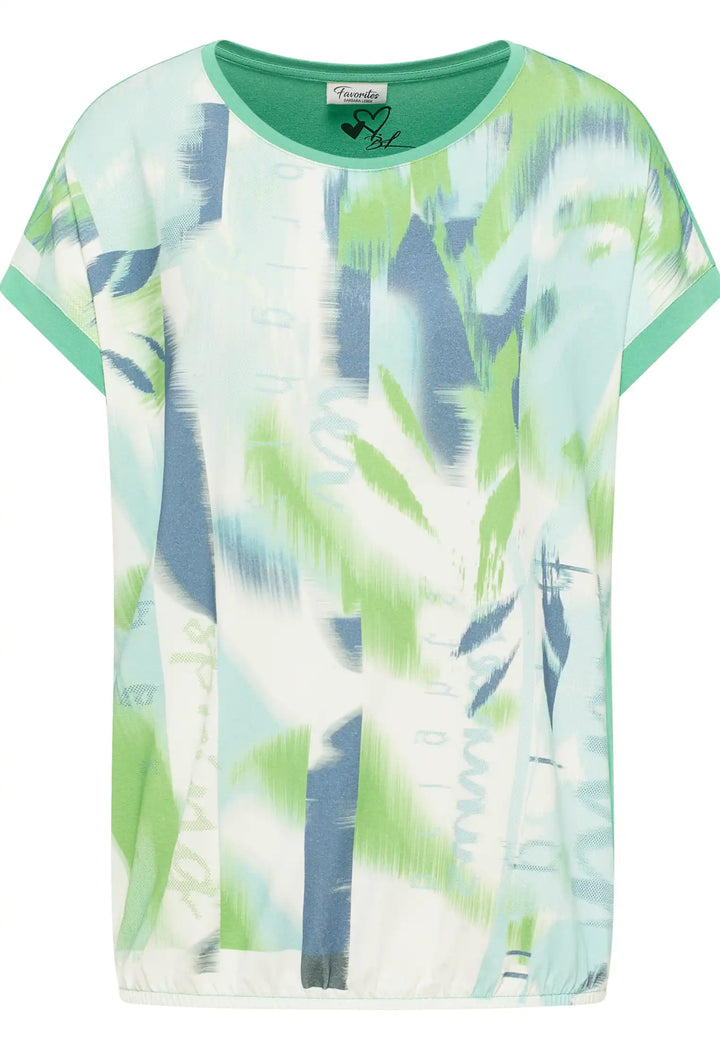 Lightweight top featuring an abstract watercolor print in cool blues and greens with solid green trim, blending art with fashion, style 57700042-650