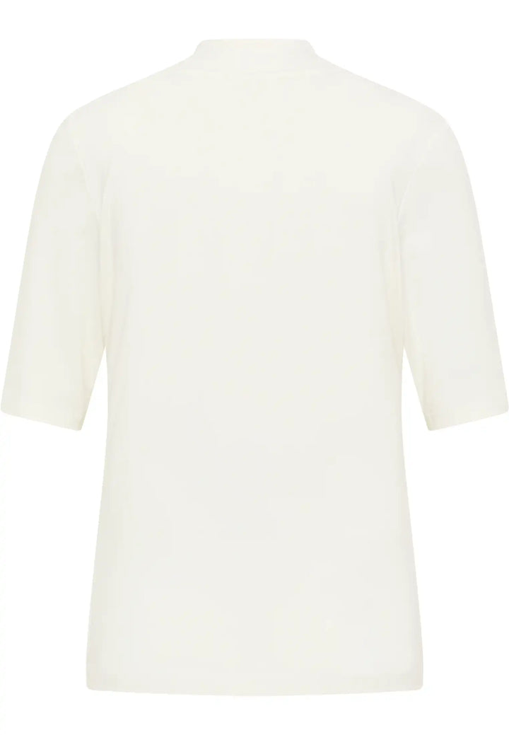 The back of a light cream, short-sleeved hooded sweatshirt, showing a plain design with no print, style 57710042-120 