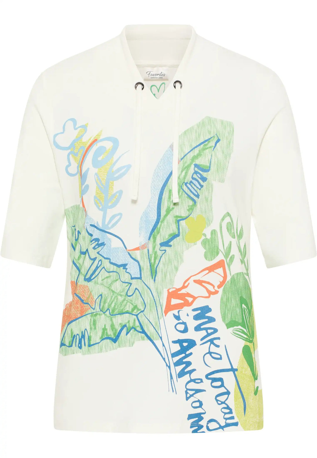 Light cream hooded sweatshirt with a botanical print and the phrase "Make Today So Awesome" on the front, V-neck with drawstrings, and short sleeves, style  57710042-120 