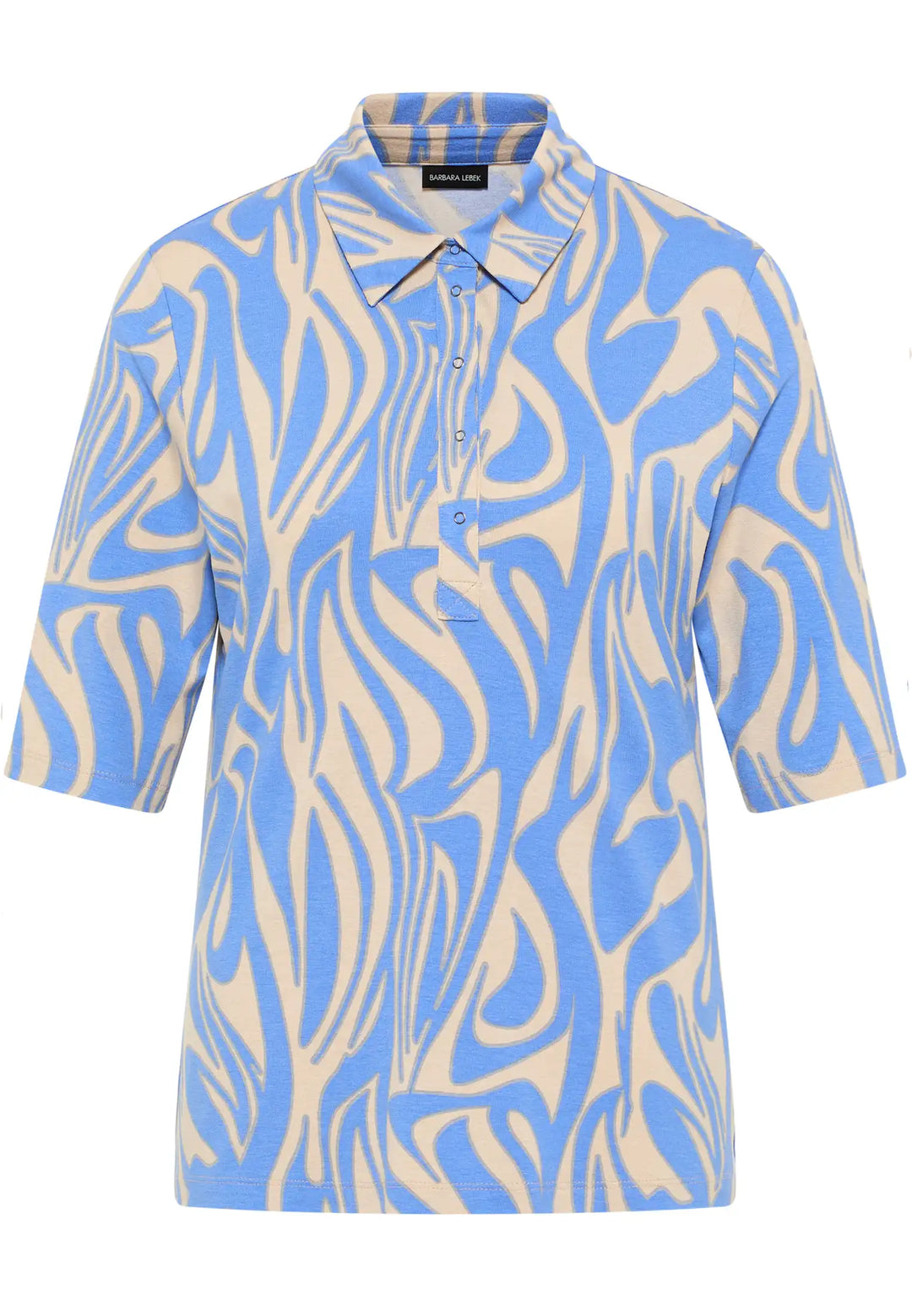 Blue and beige zebra print polo shirt with collar and button placket by Barbara Lebek, style 60020042-730