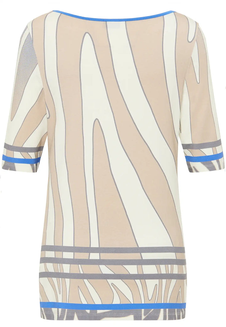  Back view of a short-sleeved top with sky blue and beige abstract pattern and boat neckline, style 60040042-120 