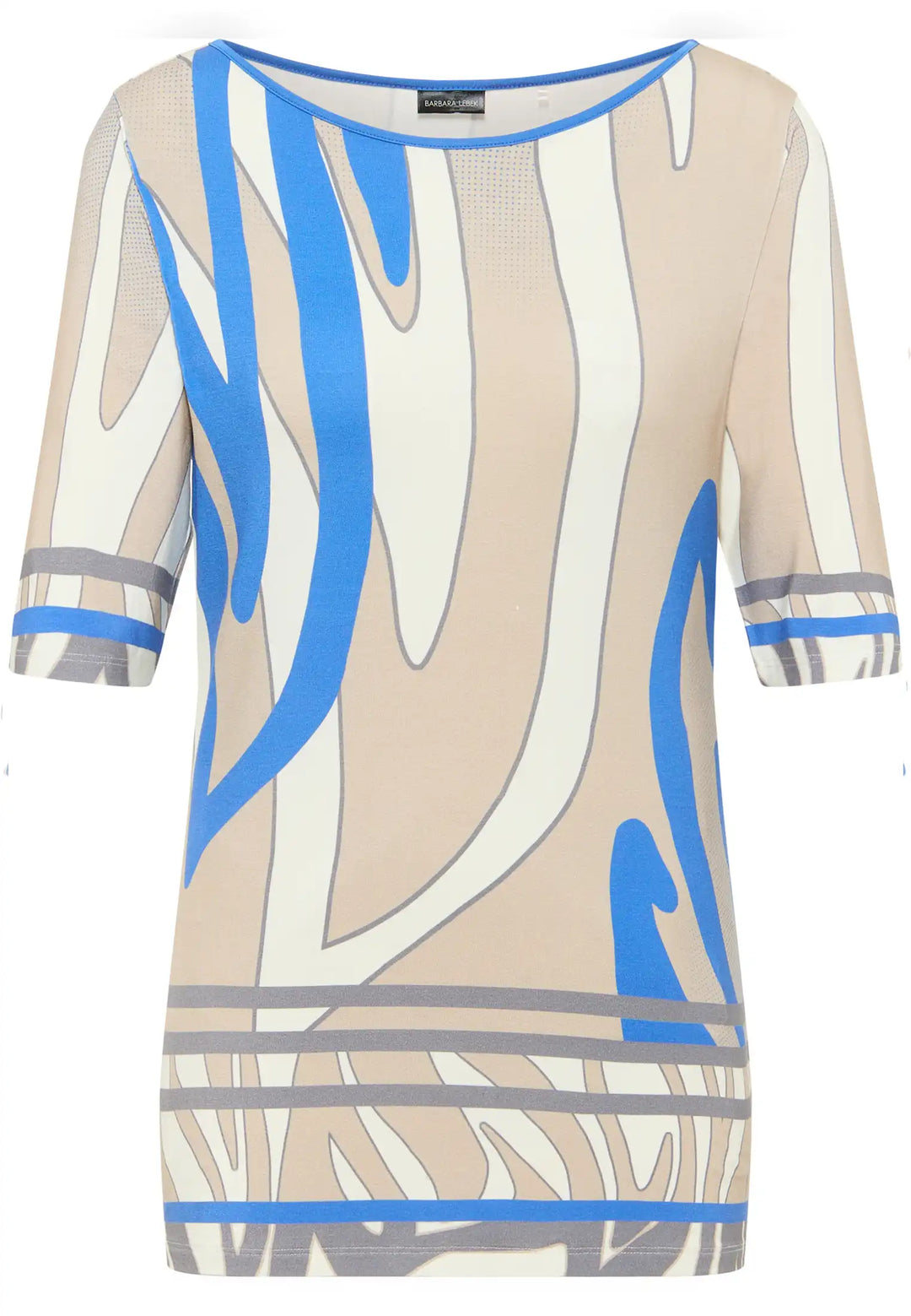 Short-sleeved top with sky blue and beige abstract pattern and boat neckline, style 60040042-120 