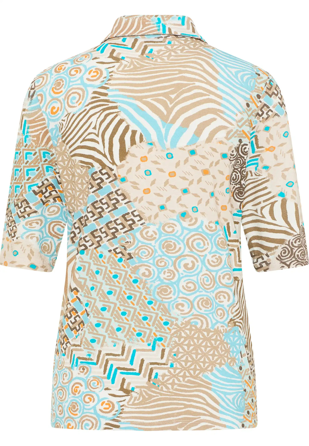 Back view of a short-sleeved polo shirt with beige, blue, and brown abstract tribal pattern and classic collar, style 61540042-220