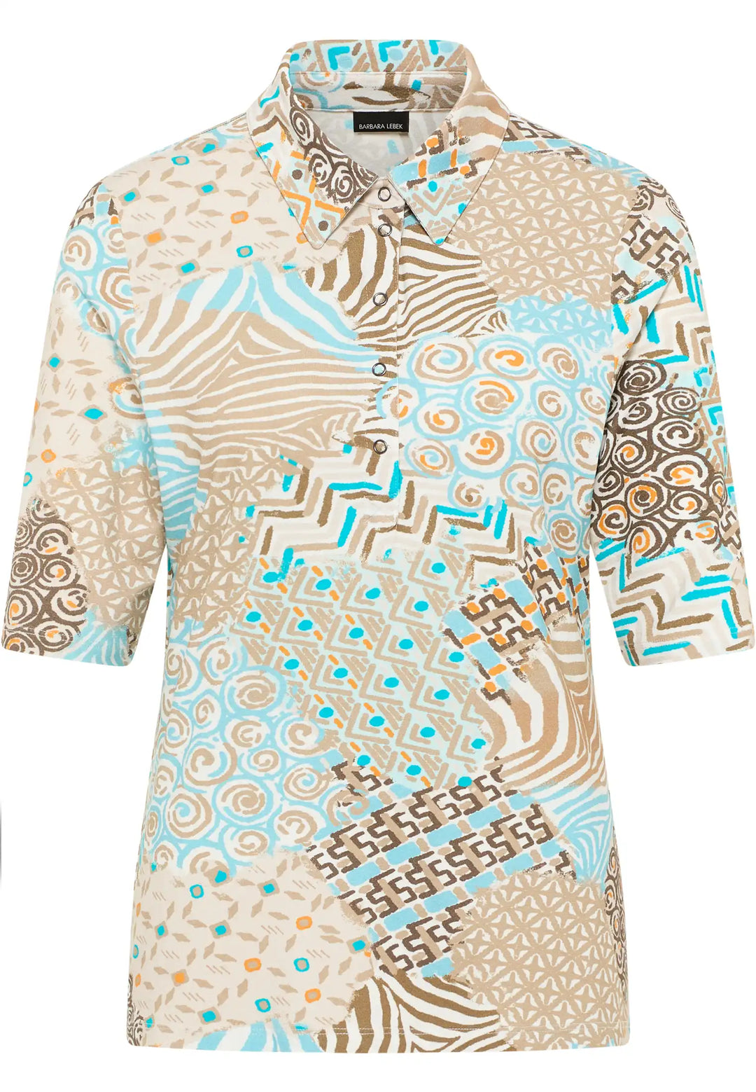 Short-sleeved polo shirt with beige, blue, and brown abstract tribal pattern and classic collar, style 61540042-220