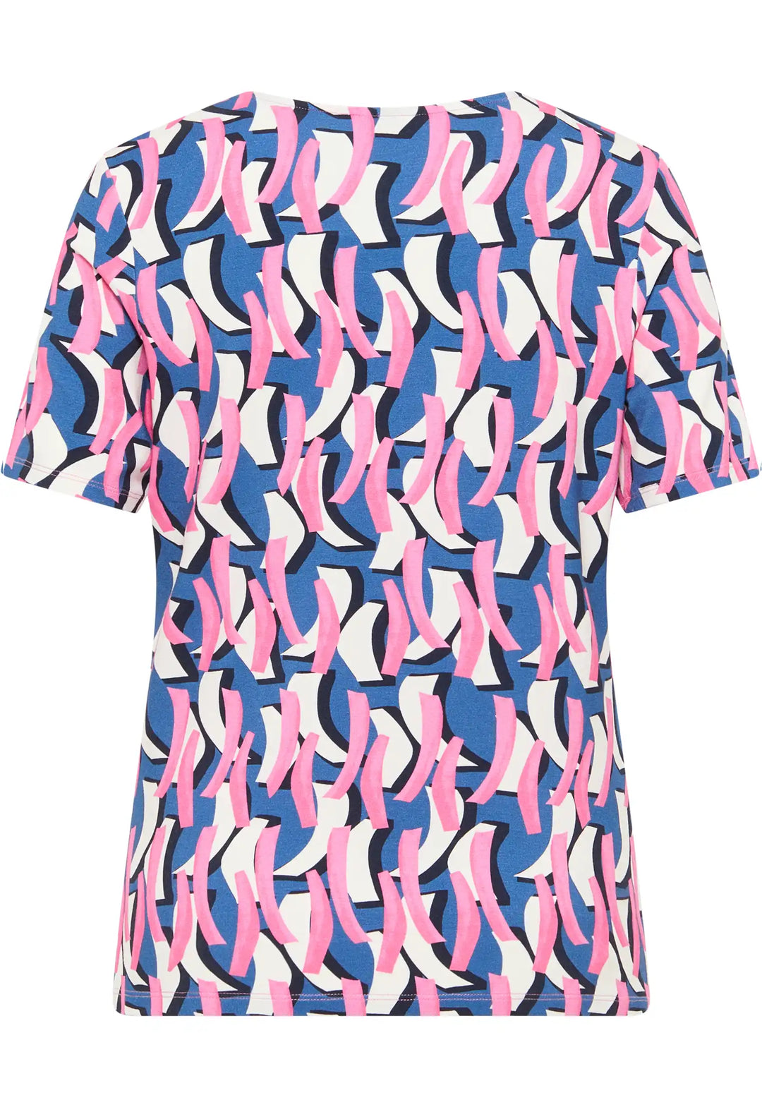 Back view of a vibrant pink and navy ribbon print top with  V-neckline and casual fit, Style 62000042-530