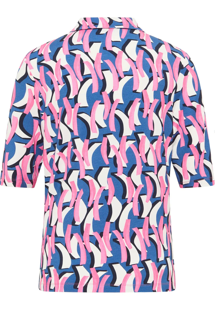 Back view of a dynamic print short-sleeve polo shirt in pink and navy on a light background, style  62010042-530