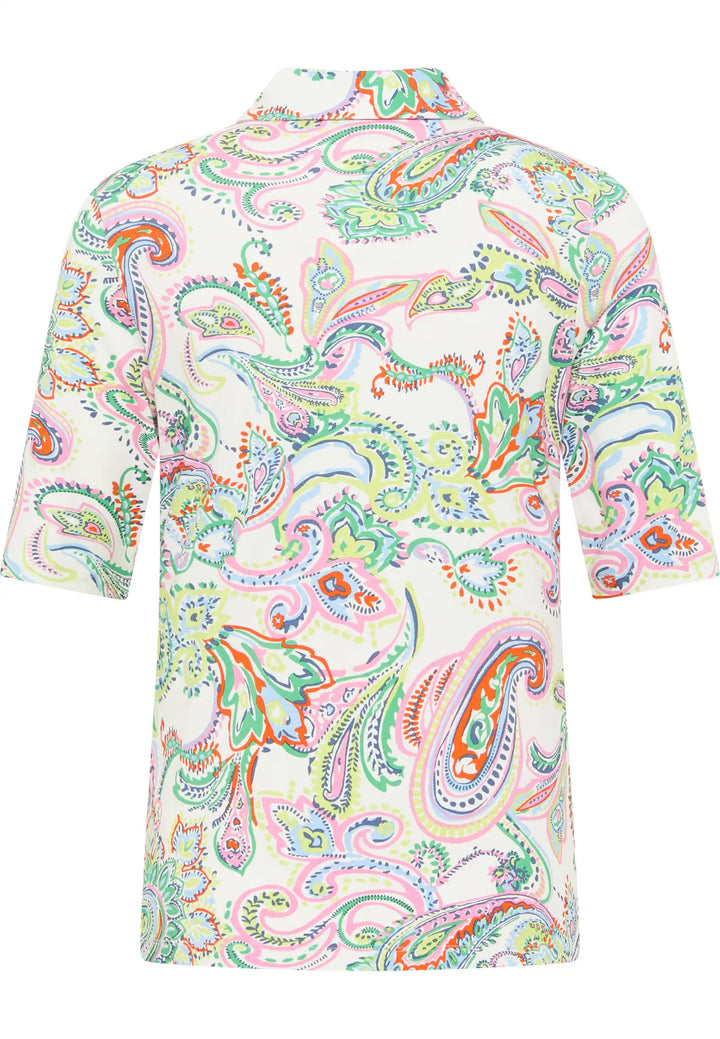 Back view of a short-sleeve polo shirt with white collar, paisley print in yellow, mint, blue, coral, style 62550042-650