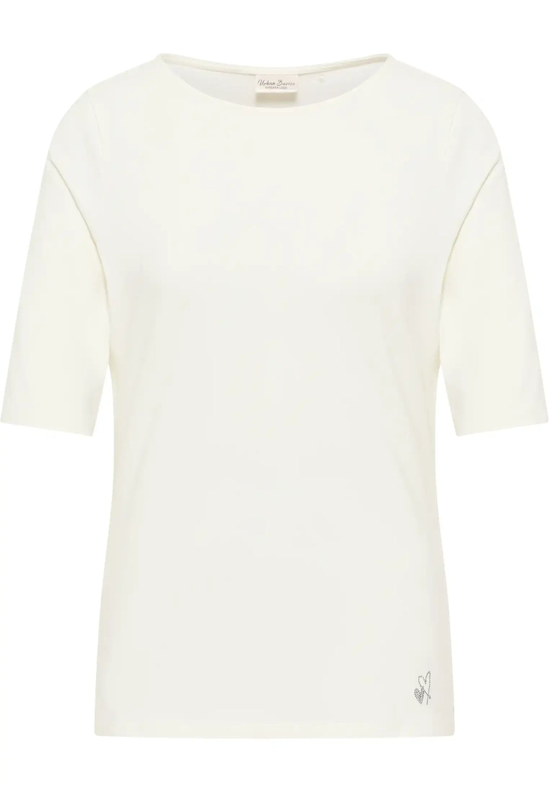 Cream short-sleeve top with boat neckline and subtle logo detail, style 65090042-120